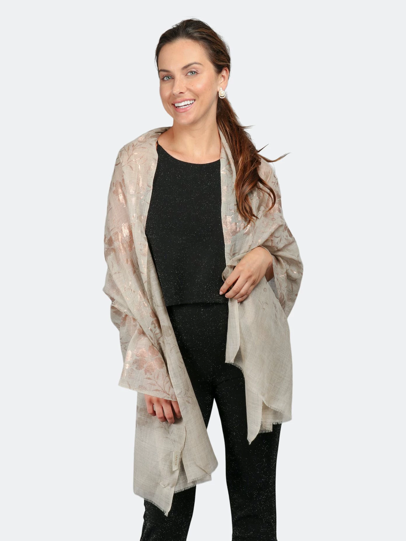 Saachi Style Foiled Floral Beige Scarf 3 Saachi Style Foiled Floral Beige Scarf