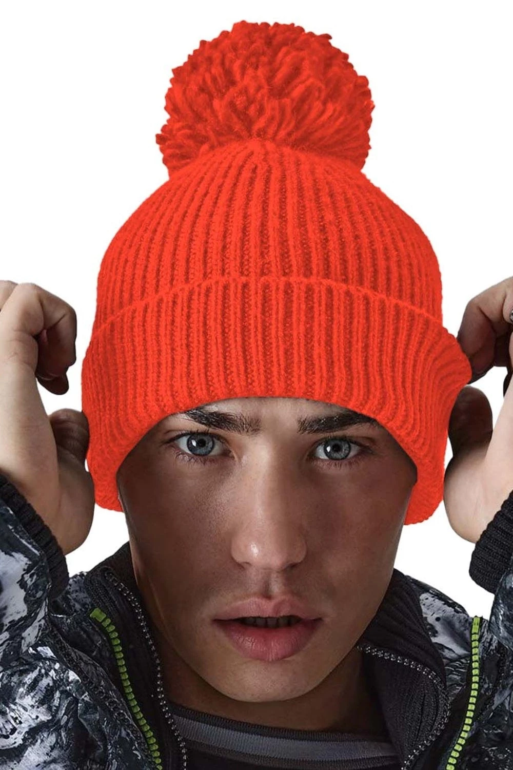 Beechfield Engineered Knit Ribbed Pom Pom Beanie (Fire Red) 4 Beechfield Engineered Knit Ribbed Pom Pom Beanie (Fire Red) - Image 2